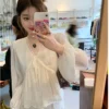 Korean womens Lace Chiffon blouse long sleeve V neck