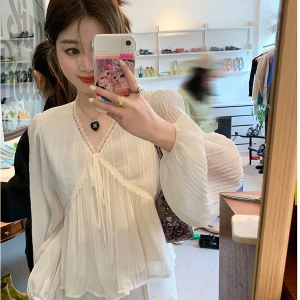 Korean womens Lace Chiffon blouse long sleeve V neck