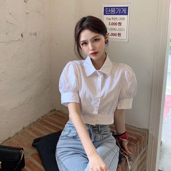 b0b6144c3e8f346f25076ea967290248.webp Korean style womens bubble sleeve white blouse short sleeve short style
