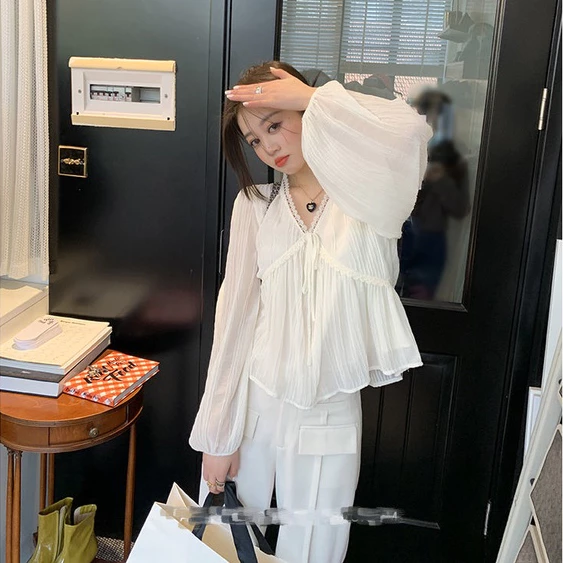 Korean womens Lace Chiffon blouse long sleeve V neck