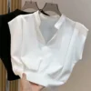 Korean womens solid color sleeveless shirt Vneck short waist