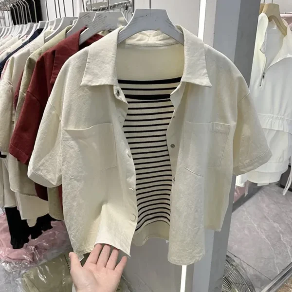 Korean womens cotton short sleeve jacket solid color polo collar loose Single coat