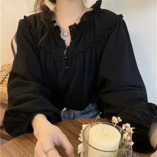 women vintage long sleeve blouse wooden ear edge round neck puffed sleeve loose version