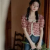 French women bubble sleeve top lace edge color contrast short short sleeve
