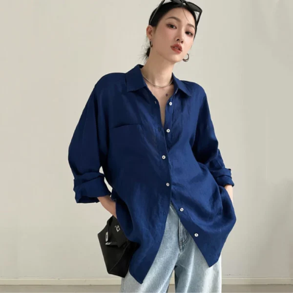 sg-11134201-7rdyf-m12wd81vpgc45d.webp Autumn Womens breathable linen shirt long sleeve folding neck loose sun protection top