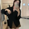 Autumn womens solid color Vneck lace shirt long sleeve loose version