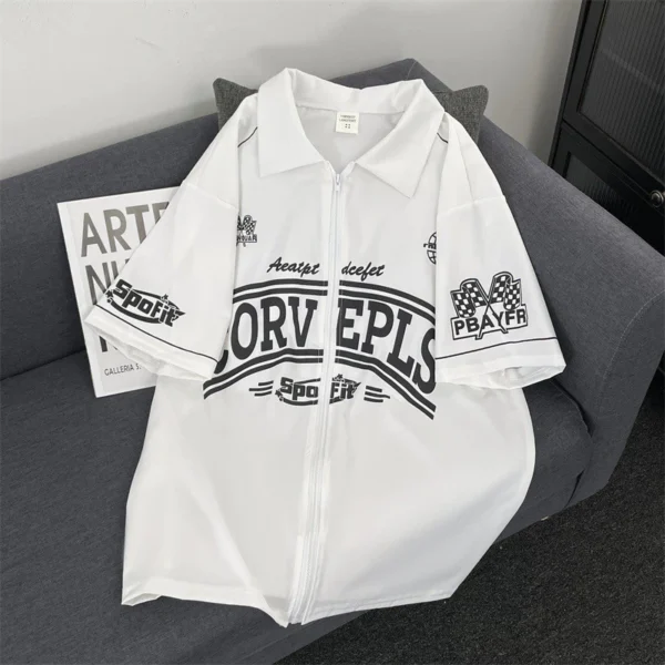 sg-11134201-8260f-mjh8qvrigtmo57.webp American Retro Short Sleeved Racing Suit Men Women Summer Street Wear Loose Casual Printed Zipper Cardigan Top Clothes