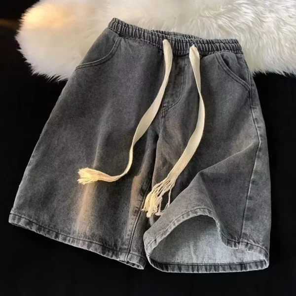 Drawstring Denim Shorts Men Summer Thin Style Street Wear Casual Middle Pants American Style Gray Straight Loose Large Size Fivepoint Pants