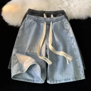 sg-11134201-82625-mjwumb7mlrer86.webp Drawstring Denim Shorts Men Summer Thin Style Street Wear Casual Middle Pants American Style Gray Straight Loose Large Size Fivepoint Pants